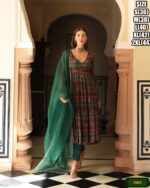 Three Piece Kurti Collections For Occasion, Stitched Maslin Silk Flaired Kurti-Pent With Dupatta For Women
