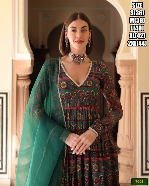 Three Piece Kurti Collections For Occasion, Stitched Maslin Silk Flaired Kurti-Pent With Dupatta For Women