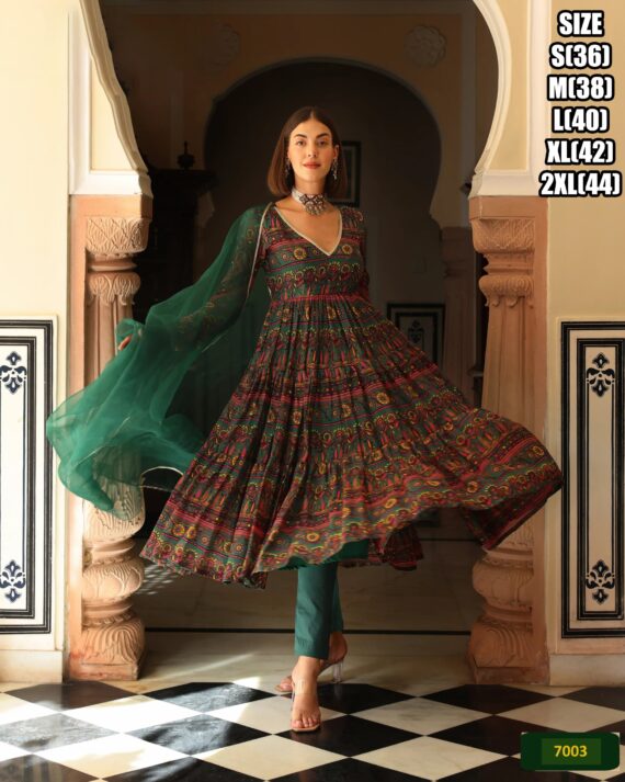 Three Piece Kurti Collections For Occasion, Stitched Maslin Silk Flaired Kurti-Pent With Dupatta For Women