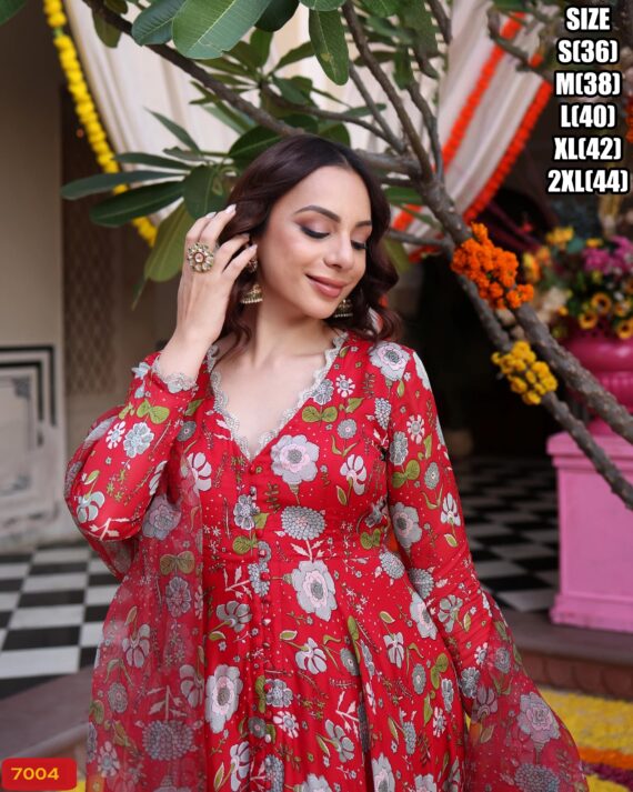 Three Piece Kurti Collections For Occasion, Stitched Maslin Silk Flaired Kurti-Pent With Dupatta For Women