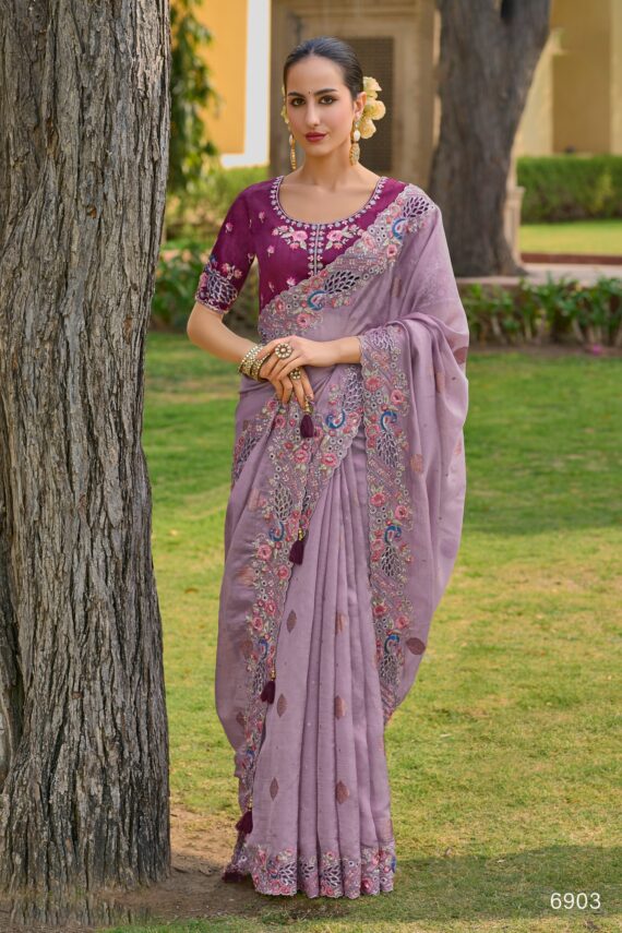 Party Wear Collection For Women's Un-Stitched Tissue Organza Silk Saree With Banglory Silk Blouse