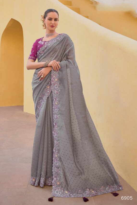 Party Wear Collection For Women's Un-Stitched Tissue Organza Silk Saree With Banglory Silk Blouse