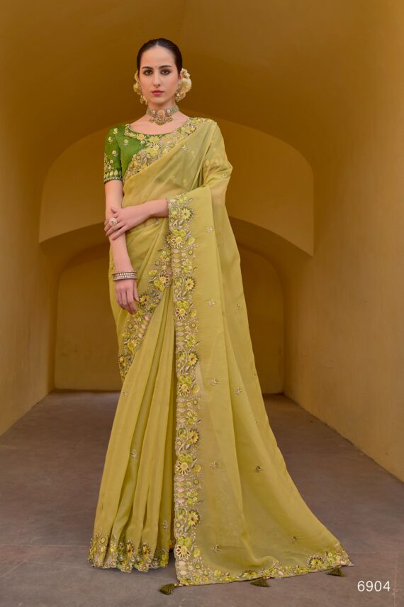 Party Wear Collection For Women's Un-Stitched Tissue Organza Silk Saree With Banglory Silk Blouse