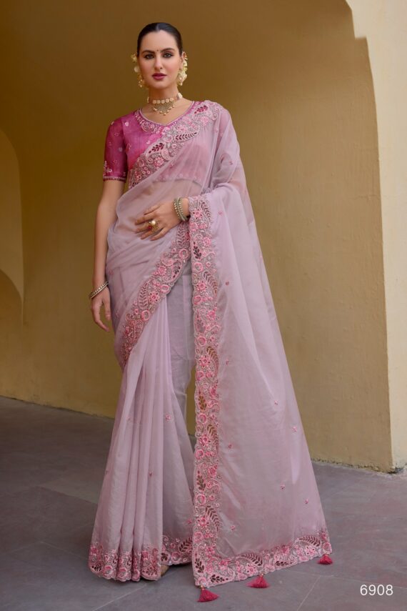 Party Wear Collection For Women's Un-Stitched Tissue Organza Silk Saree With Banglory Silk Blouse