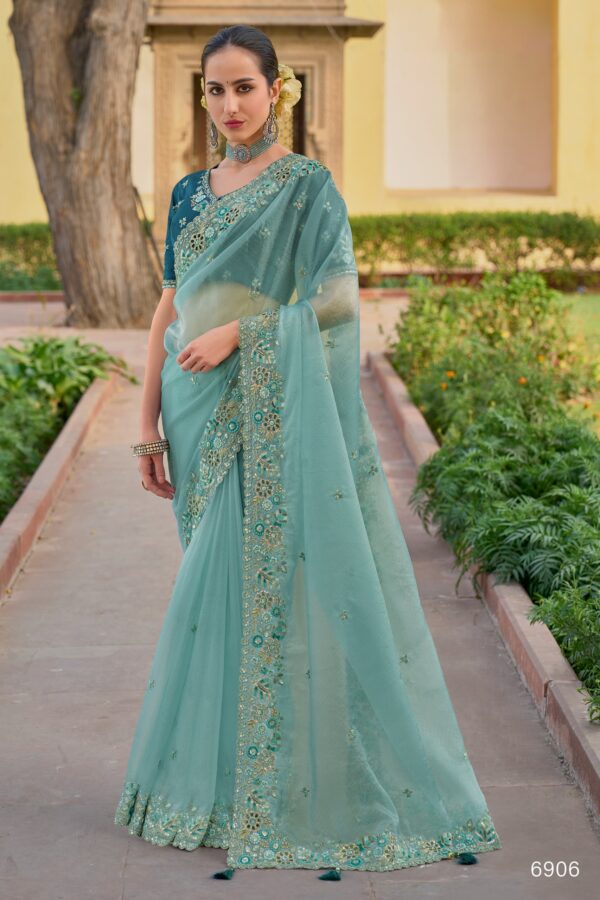 Party Wear Collection For Women's Un-Stitched Tissue Organza Silk Saree With Banglory Silk Blouse