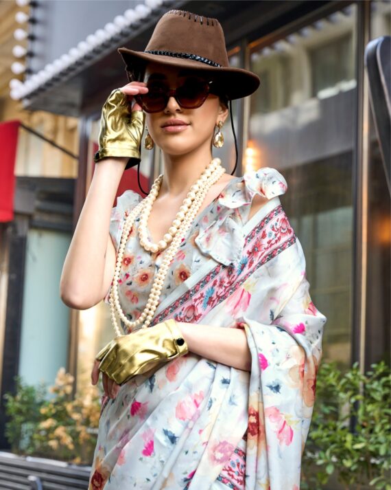 Unstitched Satin Georgette Sheer Fancy Digital Printed Party Wear Sarees For Women