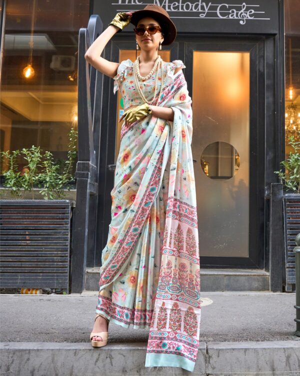 Unstitched Satin Georgette Sheer Fancy Digital Printed Party Wear Sarees For Women