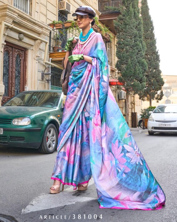 Unstitched Satin Georgette Sheer Fancy Digital Printed Party Wear Sarees For Women