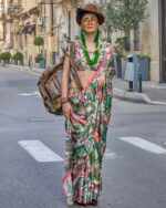 Unstitched Satin Georgette Sheer Fancy Digital Printed Party Wear Sarees For Women