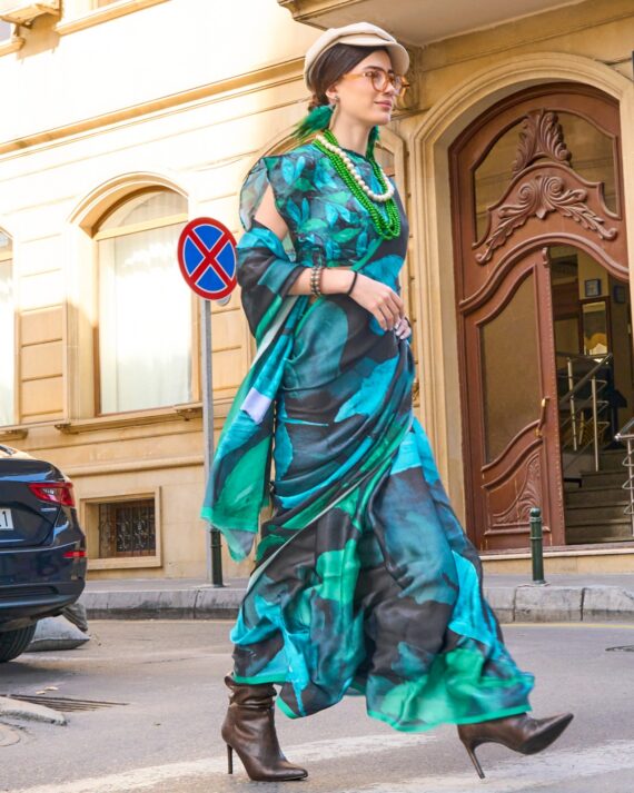 Unstitched Satin Georgette Sheer Fancy Digital Printed Party Wear Sarees For Women