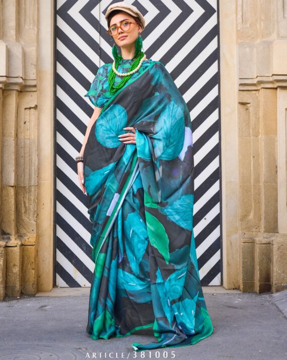 Unstitched Satin Georgette Sheer Fancy Digital Printed Party Wear Sarees For Women