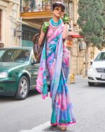 Unstitched Satin Georgette Sheer Fancy Digital Printed Party Wear Sarees For Women