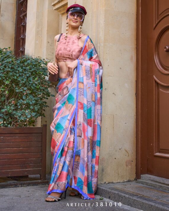 Unstitched Satin Georgette Sheer Fancy Digital Printed Party Wear Sarees For Women