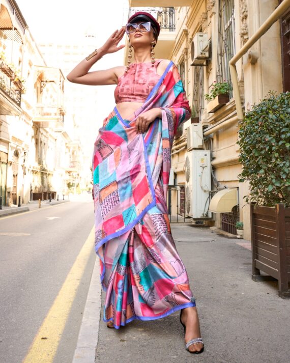 Unstitched Satin Georgette Sheer Fancy Digital Printed Party Wear Sarees For Women