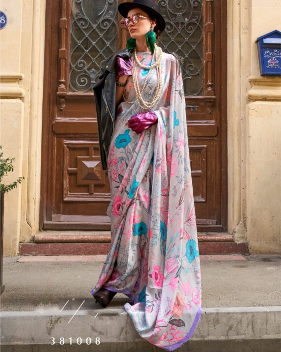 Unstitched Satin Georgette Sheer Fancy Digital Printed Party Wear Sarees For Women