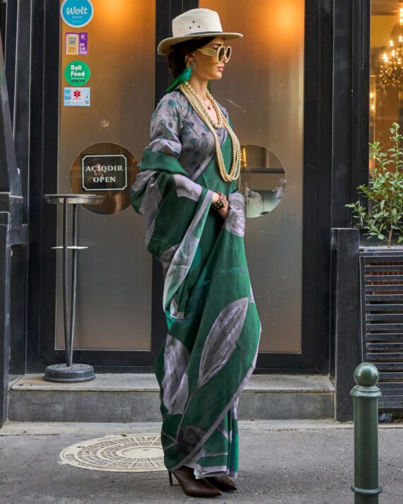 Unstitched Satin Georgette Sheer Fancy Digital Printed Party Wear Sarees For Women