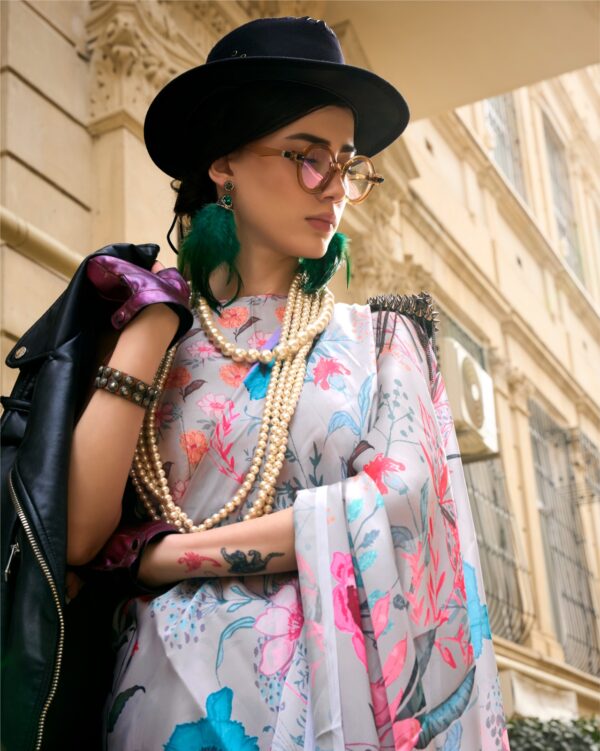 Unstitched Satin Georgette Sheer Fancy Digital Printed Party Wear Sarees For Women