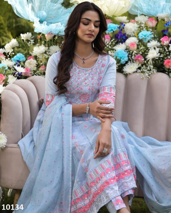 Sky Blue Pure Cotton Embroidered Anarkali Kurti-Pent With Dupatta For Summer Season