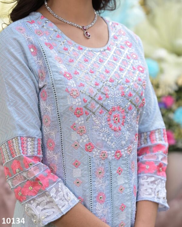 Sky Blue Pure Cotton Embroidered Anarkali Kurti-Pent With Dupatta For Summer Season