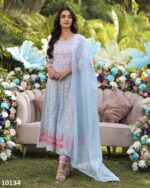Sky Blue Pure Cotton Embroidered Anarkali Kurti-Pent With Dupatta For Summer Season