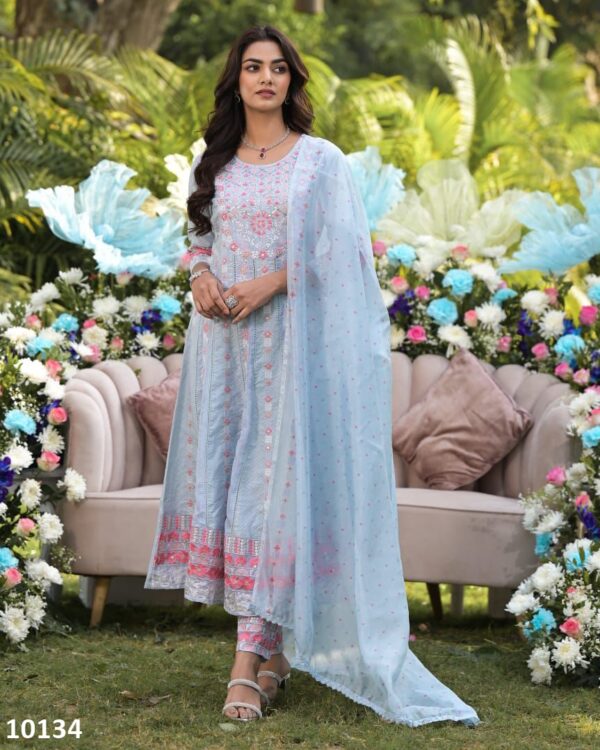 Sky Blue Pure Cotton Embroidered Anarkali Kurti-Pent With Dupatta For Summer Season
