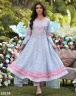 Sky Blue Pure Cotton Embroidered Anarkali Kurti-Pent With Dupatta For Summer Season
