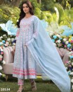 Sky Blue Pure Cotton Embroidered Anarkali Kurti-Pent With Dupatta For Summer Season