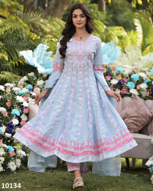 Sky Blue Pure Cotton Embroidered Anarkali Kurti-Pent With Dupatta For Summer Season