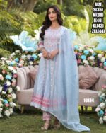 Sky Blue Pure Cotton Embroidered Anarkali Kurti-Pent With Dupatta For Summer Season
