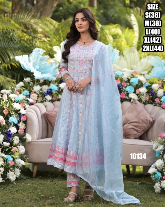 Sky Blue Pure Cotton Embroidered Anarkali Kurti-Pent With Dupatta For Summer Season