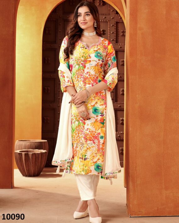 Occasional Flower Designer Pure Cotton Kurti-Pent With Dupatta For Women