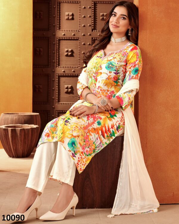 Occasional Flower Designer Pure Cotton Kurti-Pent With Dupatta For Women