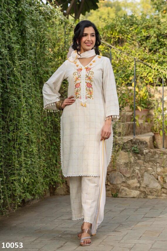 Women's Wear Pure Cotton Embroidery Work White Designer Kurti Pent Set
