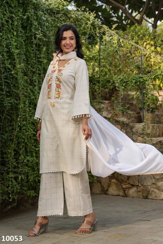 Women's Wear Pure Cotton Embroidery Work White Designer Kurti Pent Set