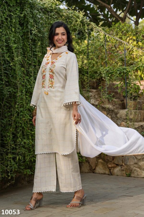 Women's Wear Pure Cotton Embroidery Work White Designer Kurti Pent Set