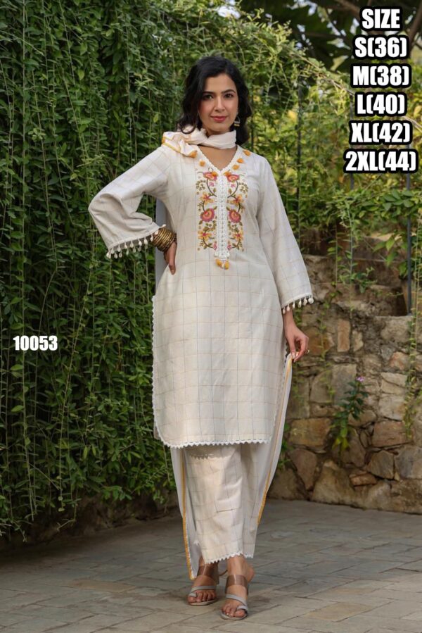 Women's Wear Pure Cotton Embroidery Work White Designer Kurti Pent Set