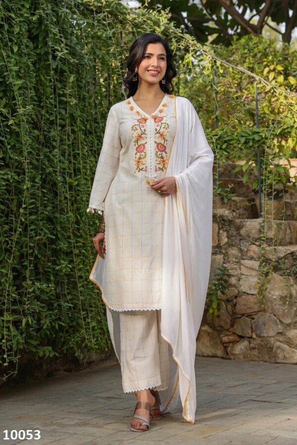 Women's Wear Pure Cotton Embroidery Work White Designer Kurti Pent Set