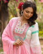 Party Wear Light Yellow Cotton Embroidery Work Stitched Kurti-Pent With Dupatta