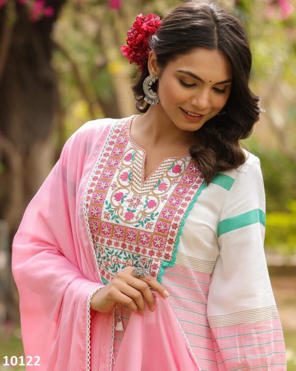 Party Wear Light Yellow Cotton Embroidery Work Stitched Kurti-Pent With Dupatta