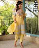 Party Wear Light Yellow Cotton Embroidery Work Stitched Kurti-Pent With Dupatta