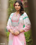 Party Wear Light Yellow Cotton Embroidery Work Stitched Kurti-Pent With Dupatta