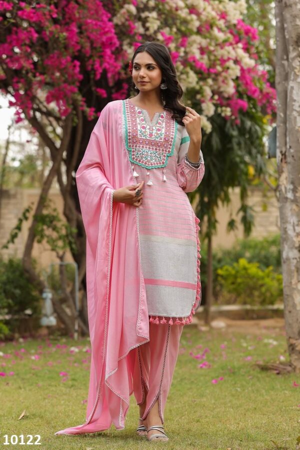 Party Wear Light Yellow Cotton Embroidery Work Stitched Kurti-Pent With Dupatta