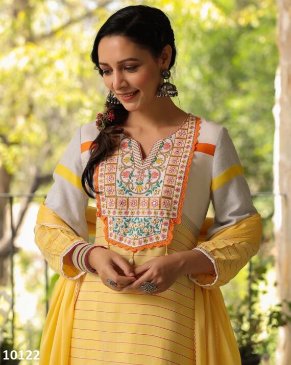 Party Wear Light Yellow Cotton Embroidery Work Stitched Kurti-Pent With Dupatta