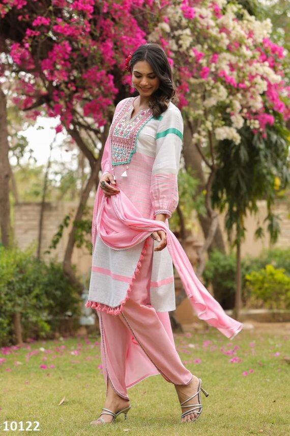 Party Wear Light Yellow Cotton Embroidery Work Stitched Kurti-Pent With Dupatta