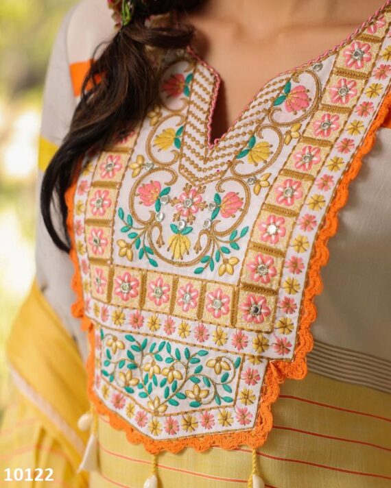 Party Wear Light Yellow Cotton Embroidery Work Stitched Kurti-Pent With Dupatta