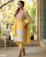 Party Wear Light Yellow Cotton Embroidery Work Stitched Kurti-Pent With Dupatta