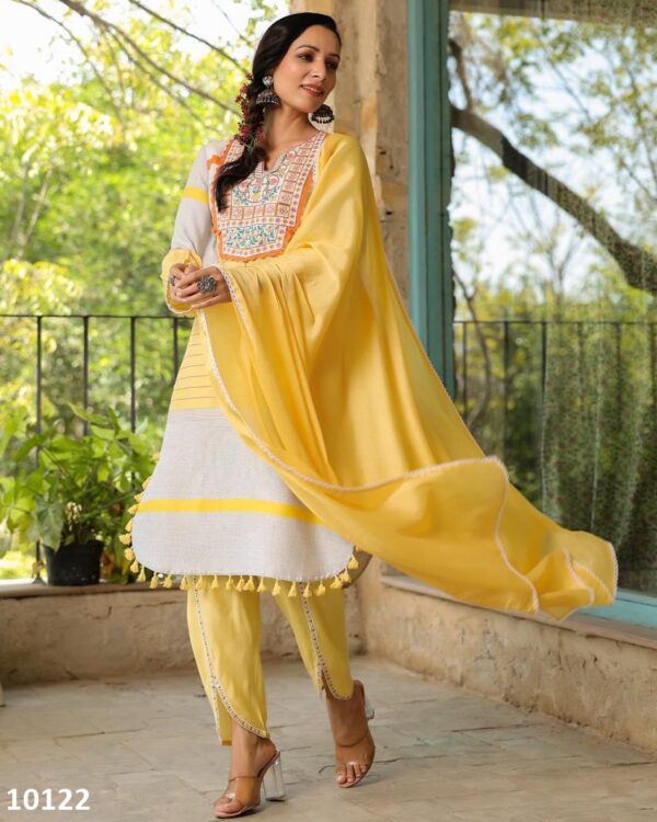 Party Wear Light Yellow Cotton Embroidery Work Stitched Kurti-Pent With Dupatta