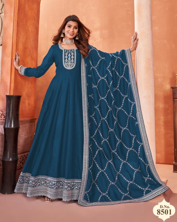 Functional Wear Semi-Stitch Art Silk Exclusive Designer Gown With Dupatta