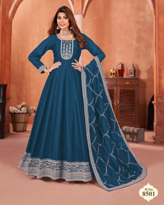 Functional Wear Semi-Stitch Art Silk Exclusive Designer Gown With Dupatta