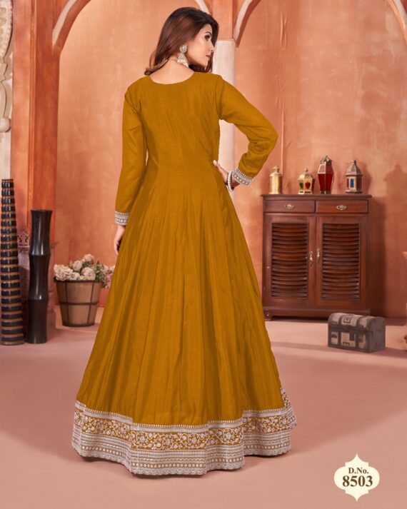 Functional Wear Semi-Stitch Art Silk Exclusive Designer Gown With Dupatta